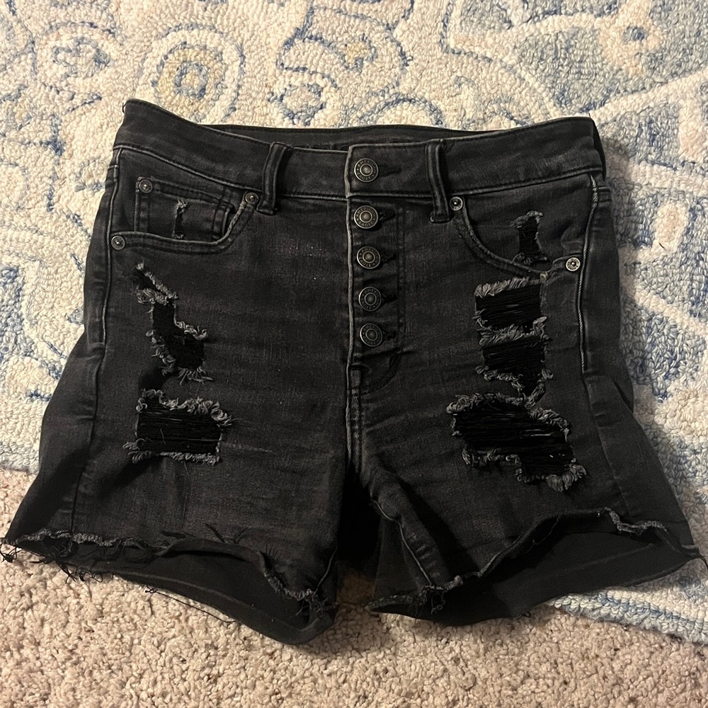 American Eagle Outfitters Black Distressed Button-Fly Jean Shorts